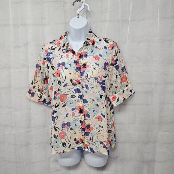 Chaps Pink Blue Floral Blouse Sheer Cottagecore Coquette Romantic M - Picture 1 of 11